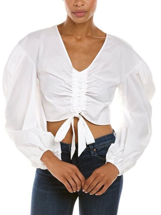 AMUR Tops - AMUR Womens Balloon Sleeve Crop Blouse, White size XS